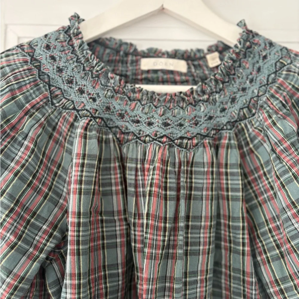 Doen Plaid Smocked Yoke Cotton Blouse in Green and Blue